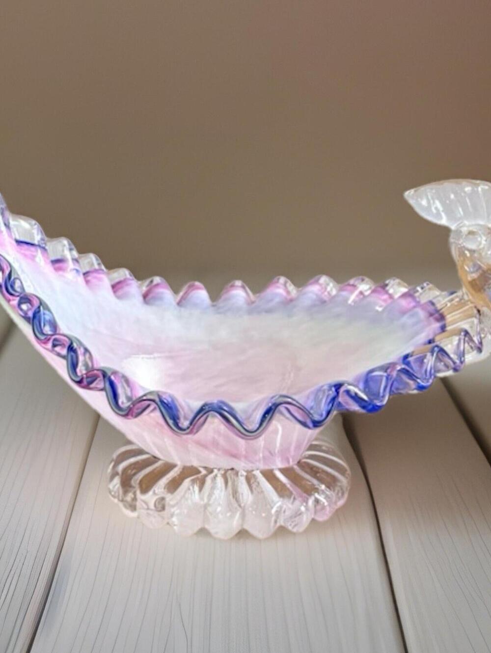 Vintage Italian Art Glass Murano Peacock White Pink Blue Candy Dish Bowl